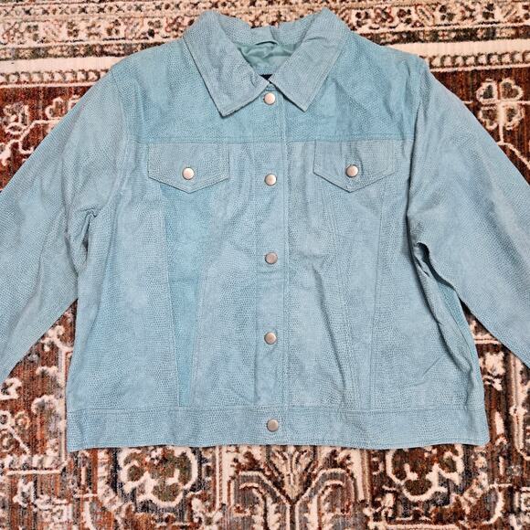 New Denim & Co Leather Blue textured Jacket Coat Snap Button XL - Picture 4 of 8